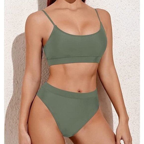 NWT Tempt Me High Waisted Sporty Scoop Neck Bikini set in Army Green Size XXL - Picture 10 of 11